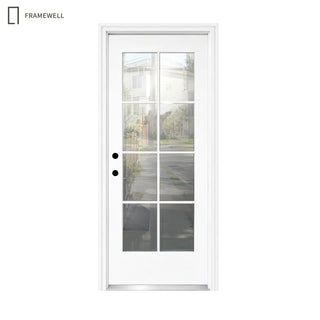 32 x 80 White Prime Front Entry Door Kit, 8-Lite Clear Glass, Knock-Down Vinyl Frame with Brickmould, Hinges & Threshold