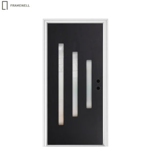 36 x 80 Smooth Texture 3-Lite fiber reinforced Entry Door, with Brickmould, vinyl frame, Low-E Clear Glass + Frosted Glass