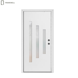 36 x 80 Smooth Texture 3-Lite Fiberglass Entry Exterior Door Kit – Knock‑Down Vinyl Frame with Hinges, Threshold, Door Shoe, Low-E Clear+Frosted Glass