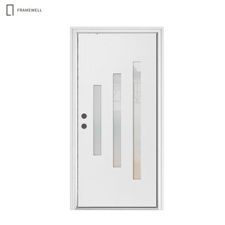 36 x 80 Smooth Texture 3-Lite Fiberglass Entry Exterior Door Kit – Knock‑Down Vinyl Frame with Hinges, Threshold, Door Shoe, Low-E Clear+Frosted Glass