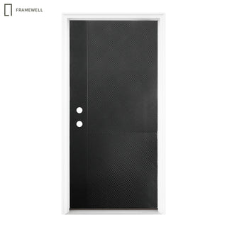 36x80 Black Fiberglass Entry Door with Modern Parallel Line Design, Knock-Down Vinyl Frame with Brickmould, Hinges, Threshold