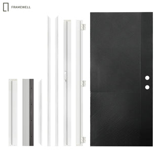 36x80 Black Fiberglass Entry Door with Modern Parallel Line Design, Knock-Down Vinyl Frame with Brickmould, Hinges, Threshold