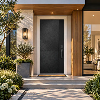36x80 Black Fiberglass Entry Door with Modern Parallel Line Design, Knock-Down Vinyl Frame with Brickmould, Hinges, Threshold