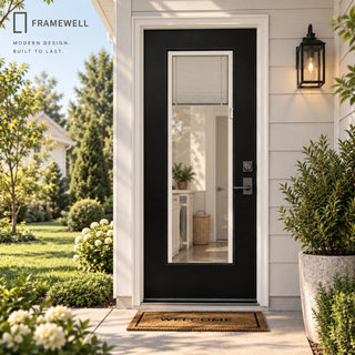 32 x 80  Contemporary Black Entry Door Kit, Knock‑Down Vinyl Frame with Built-in Blinds, Brickmould, Hinges, Threshold