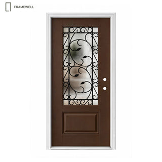 36 x 80 Smooth Fiberglass Entrance Door Kit, Knock‑Down Vinyl Frame with Brickmould, Hinges, Threshold, 3/4 view Cloud Glass and Floral Wrought-Iron Design‌