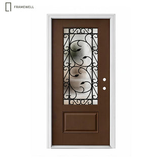 36 x 80 Smooth Fiberglass Entrance Door Kit, Knock‑Down Vinyl Frame with Brickmould, Hinges, Threshold, 3/4 view Cloud Glass and Floral Wrought-Iron Design‌