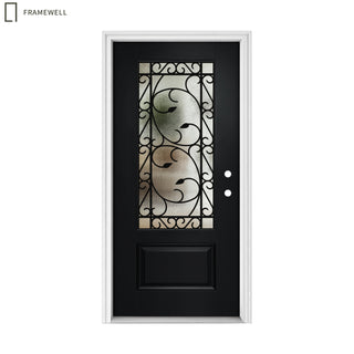 36 x 80 smooth fiberglass entrance door,with Brickmould, vinyl frame, 3/4 view Clear Glass+Cloud Glass, and Floral Wrought-Iron Design‌