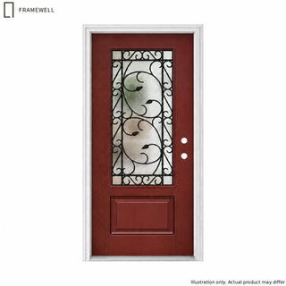 36 x 80 Smooth Fiberglass Entrance Door Kit, Knock‑Down Vinyl Frame with Brickmould, Hinges, Threshold, 3/4 view Cloud Glass and Floral Wrought-Iron Design‌