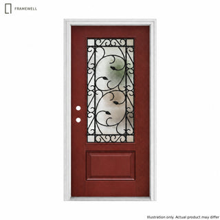 36 x 80 Smooth Fiberglass Entrance Door Kit, Knock‑Down Vinyl Frame with Brickmould, Hinges, Threshold, 3/4 view Cloud Glass and Floral Wrought-Iron Design‌