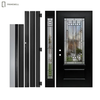 3/4-Lite 1-Panel Decorative Glass Entry Door Kit with One Sidelite, Knock-Down Vinyl Frame, Brickmould, Hinges & Threshold