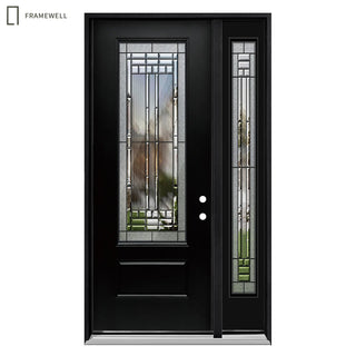 3/4-Lite 1-Panel Decorative Glass Entry Door Kit with One Sidelite, Knock-Down Vinyl Frame, Brickmould, Hinges & Threshold