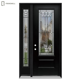 3/4-Lite 1-Panel Decorative Glass Entry Door Kit with One Sidelite, Knock-Down Vinyl Frame, Brickmould, Hinges & Threshold