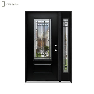 3/4-Lite 1-Panel Decorative Glass Entry Door Kit with One Sidelite, Knock-Down Vinyl Frame, Brickmould, Hinges & Threshold