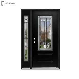 3/4-Lite 1-Panel Decorative Glass Entry Door Kit with One Sidelite, Knock-Down Vinyl Frame, Brickmould, Hinges & Threshold