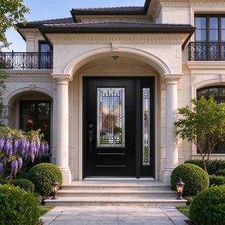 3/4-Lite 1-Panel Decorative Glass Entry Door Kit with One Sidelite, Knock-Down Vinyl Frame, Brickmould, Hinges & Threshold