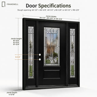 3/4-Lite Decorative Glass Entry Door Kit with Two 1-Lite Sidelites, Knock-Down Vinyl Frame, Brickmould, Hinges & Threshold