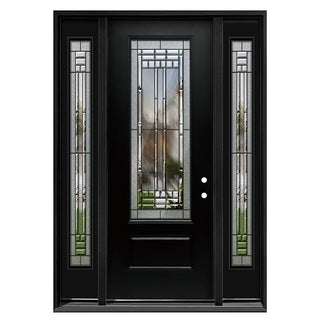 3/4-Lite Decorative Glass Entry Door Kit with Two 1-Lite Sidelites, Knock-Down Vinyl Frame, Brickmould, Hinges & Threshold