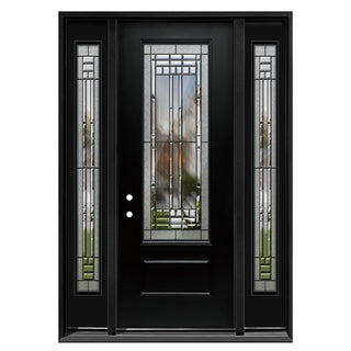 3/4-Lite Decorative Glass Entry Door Kit with Two 1-Lite Sidelites, Knock-Down Vinyl Frame, Brickmould, Hinges & Threshold