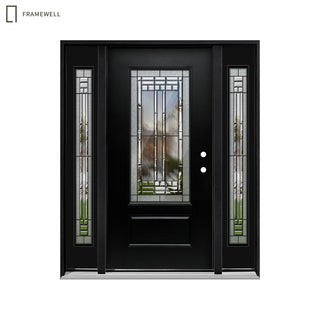 3/4-Lite Decorative Glass Entry Door Kit with Two 1-Lite Sidelites, Knock-Down Vinyl Frame, Brickmould, Hinges & Threshold