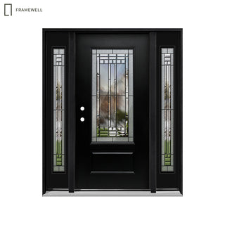 3/4-Lite Decorative Glass Entry Door Kit with Two 1-Lite Sidelites, Knock-Down Vinyl Frame, Brickmould, Hinges & Threshold