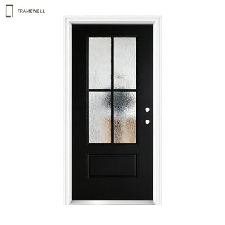 36 x 80 Black Front Entry Door Kit, 4-Lite Rain Textured Glass, Knock-Down Vinyl Frame with Brickmould, Hinges & Threshold