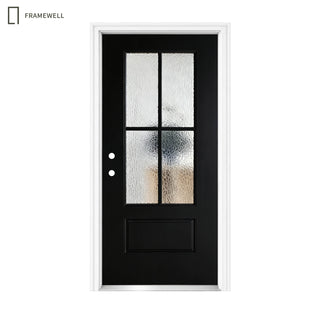 36 x 80 Black Front Entry Door Kit, 4-Lite Rain Textured Glass, Knock-Down Vinyl Frame with Brickmould, Hinges & Threshold