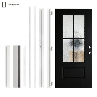 36 x 80 Black Front Entry Door Kit, 4-Lite Rain Textured Glass, Knock-Down Vinyl Frame with Brickmould, Hinges & Threshold