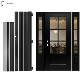 3/4 View Entry Door Kit with Hammered Glass, Classical Design, Two Single-Panel Sidelites, Knock-Down Vinyl Frame, Brickmould, Hinges & Threshold