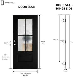 36 x 80 Black Front Entry Door Kit, 4-Lite Rain Textured Glass, Knock-Down Vinyl Frame with Brickmould, Hinges & Threshold