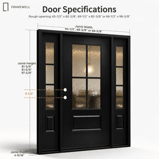 3/4 View Entry Door Kit with Hammered Glass, Classical Design, Two Single-Panel Sidelites, Knock-Down Vinyl Frame, Brickmould, Hinges & Threshold