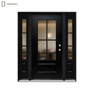 3/4 View Entry Door Kit with Hammered Glass, Classical Design, Two Single-Panel Sidelites, Knock-Down Vinyl Frame, Brickmould, Hinges & Threshold