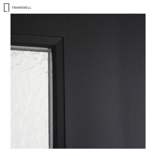 36 x 80 Black Front Entry Door Kit, 4-Lite Rain Textured Glass, Knock-Down Vinyl Frame with Brickmould, Hinges & Threshold