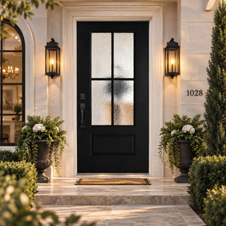 36 x 80 Black Front Entry Door Kit, 4-Lite Rain Textured Glass, Knock-Down Vinyl Frame with Brickmould, Hinges & Threshold