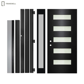 Black 5-Lite Frosted Glass Entry Door Kit with Sidelight, Knock-Down Vinyl Frame, Brickmould, Hinges and Threshold