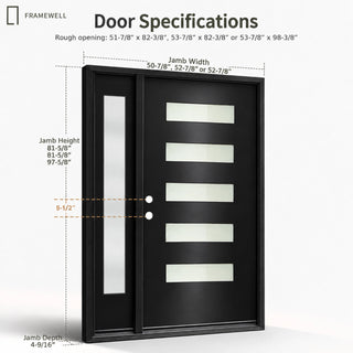 Black 5-Lite Frosted Glass Entry Door Kit with Sidelight, Knock-Down Vinyl Frame, Brickmould, Hinges and Threshold