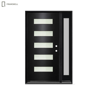 Black 5-Lite Frosted Glass Entry Door Kit with Sidelight, Knock-Down Vinyl Frame, Brickmould, Hinges and Threshold