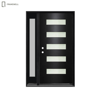 Black 5-Lite Frosted Glass Entry Door Kit with Sidelight, Knock-Down Vinyl Frame, Brickmould, Hinges and Threshold