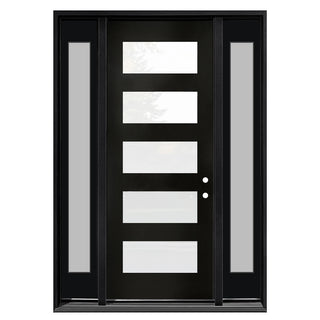 Black 5-Lite Frosted Glass Entry Door Kit with Two Sidelights, Knock-Down Vinyl Frame, Brickmould, Hinges and Threshold