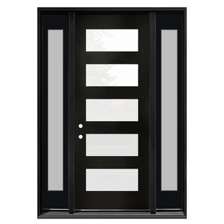 Black 5-Lite Frosted Glass Entry Door Kit with Two Sidelights, Knock-Down Vinyl Frame, Brickmould, Hinges and Threshold