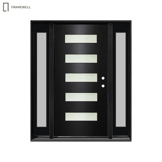 Black 5-Lite Frosted Glass Entry Door Kit with Two Sidelights, Knock-Down Vinyl Frame, Brickmould, Hinges and Threshold