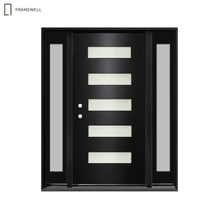Black 5-Lite Frosted Glass Entry Door Kit with Two Sidelights, Knock-Down Vinyl Frame, Brickmould, Hinges and Threshold