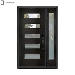 51"x 80"or 53"x 80"Black Fiberglass Door with Frost Glass, 5-Lite Glass Exterior Door with Sidelight for Home's Entryway