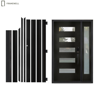 51"x 80"or 53"x 80"Black Fiberglass Door with Frost Glass, 5-Lite Glass Exterior Door with Sidelight for Home's Entryway