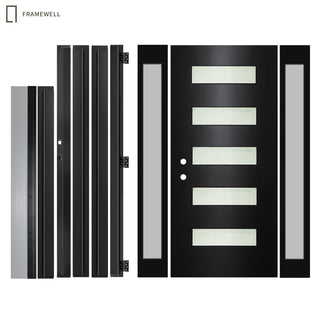 Black 5-Lite Frosted Glass Entry Door Kit with Two Sidelights, Knock-Down Vinyl Frame, Brickmould, Hinges and Threshold