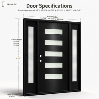 Black 5-Lite Frosted Glass Entry Door Kit with Two Sidelights, Knock-Down Vinyl Frame, Brickmould, Hinges and Threshold