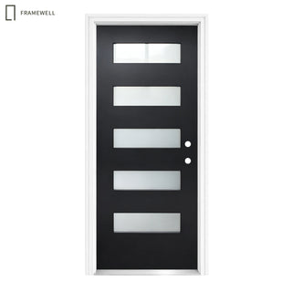 36 x 80 Modern 5-Lite Fiberglass Front Door Kit – Black Finish Knock-Down Vinyl Frame with Brickmould, Hinges, Threshold & Frosted Glass