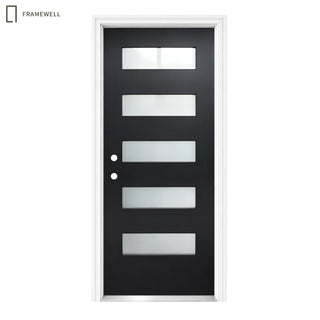 36 x 80 Modern 5-Lite Fiberglass Front Door Kit – Black Finish Knock-Down Vinyl Frame with Brickmould, Hinges, Threshold & Frosted Glass