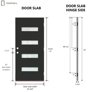 32 x 80 Modern 4‑Lite Frosted Glass Fiberglass Entry Door Kit, Knock‑Down Vinyl Frame with Brickmould, Hinges, Threshold
