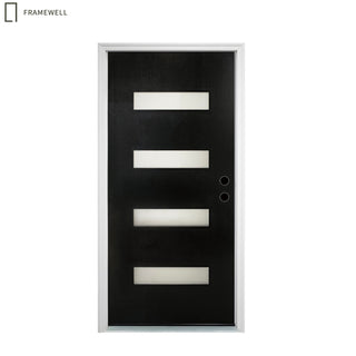 32 x 80 Modern 4-Lite Fiber Reinforced Black Front Door with Brickmould, Frosted Glass, Black Finished Knock-Down Fiberglass Door