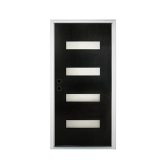 32 x 80 Modern 4-Lite Fiber Reinforced Black Front Door with Brickmould, Frosted Glass, Black Finished Knock-Down Fiberglass Door